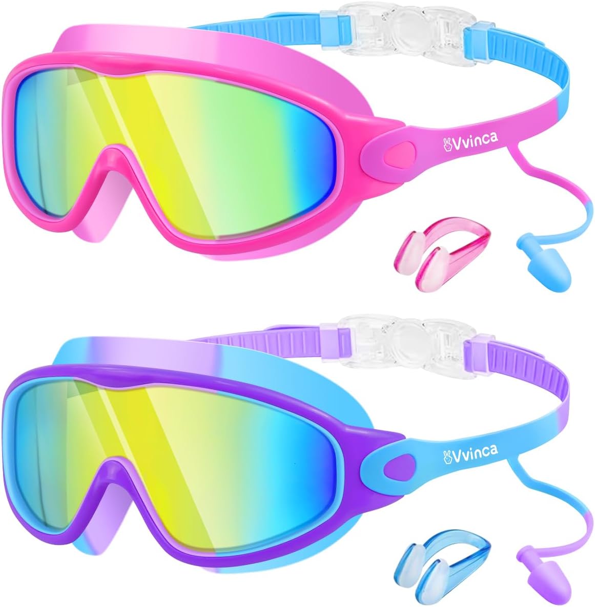Vvinca Swim Goggles, Kids Goggles with Earplugs& Nose Clip Wide View Anti-Fog/UV Swimming Goggles for Age 3-15 Boys Girls