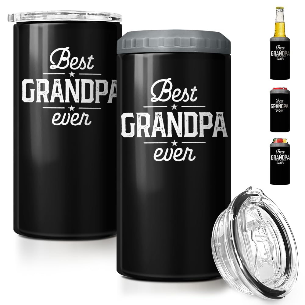 SANDJEST 4-in-1 Grandpa Tumbler Gifts for Papa from Grandkids - 12oz Best Grandpa Ever Can Cooler Tumblers Cup - Stainless Steel Insulated Cans Coozie Christmas, Birthday, Father's Day Gift for Papas