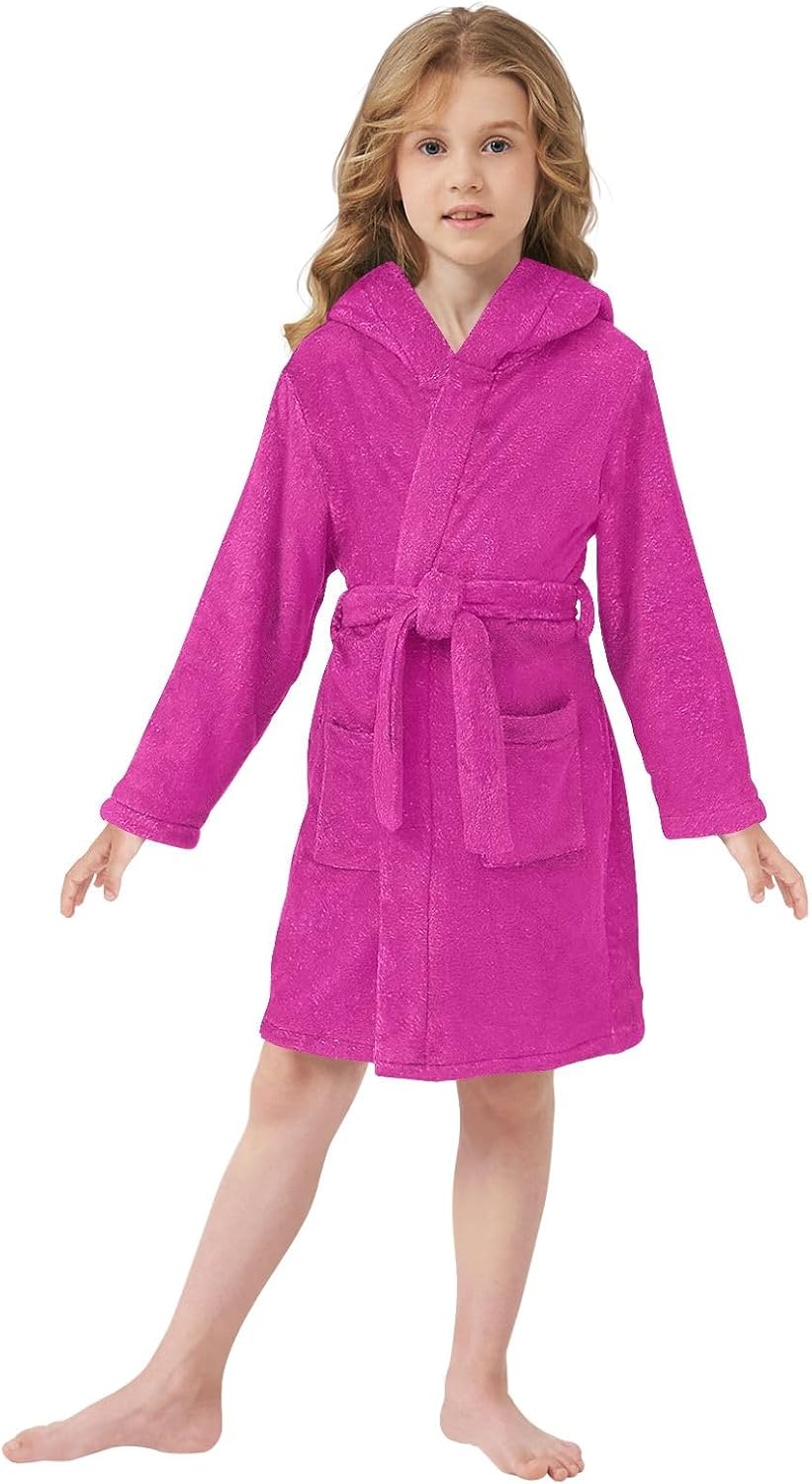 ODAWA Ruby Kids Bathrobe, Plush Soft Hooded Towel Robe for Boys Girls, Quick Dry Bath Wrap with Pockets