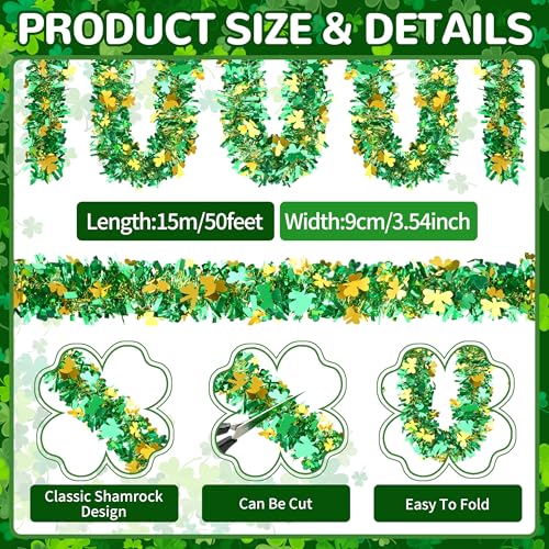 Image of 50FT St. Patrick's Day Tinsel Garland Shamrock Clover Green Gold Metallic Tinsel Twist Garland for Irish Saint Patricks Day Party Home Decor Indoor Outdoor Decoration