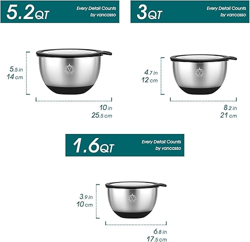 Miniatura 2 de vancasso Tazones para mezclar con tapas herméticas, juego de 3 cuencos de acero inoxidable para cocina, juego de cuencos de metal ideal para