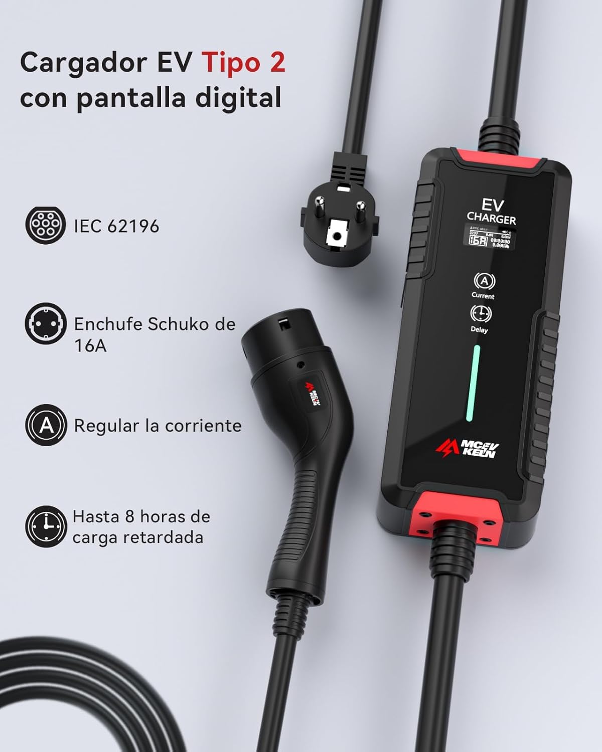 Cargador Coche Eléctrico Tipo 2 3,6kW 6~16A 5m Monofásico Cable Carga EV IEC 62196-2 Enchufe Schuko