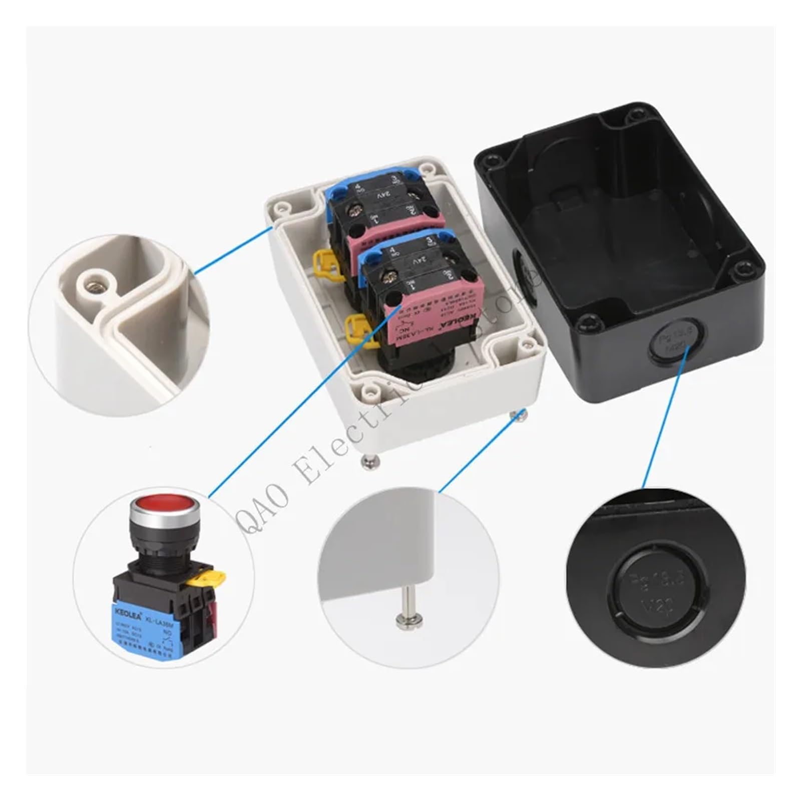 Caja de control de interruptor de botón, 1 Uds., con luz, botón de parada de emergencia, reinicio automático, 220V, autobloqueo, 24V, interruptor industrial resistente al agua(4-03)