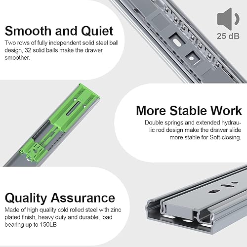Miniatura 3 de FivePears 2 pares de correderas de cajón de cierre suave de 20 pulgadas, capacidad de carga de 150 libras, rodamiento de bolas de extensión