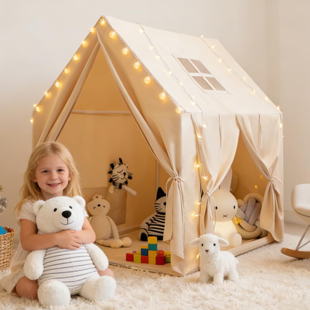 Grande Tente Enfant intérieure, cabane Princesse et Coin Lecture, Beige | Grande tente intérieure, coin jeu, lecture et repos; montage facile, rangement pratique, chambre, salon, filles et garçons