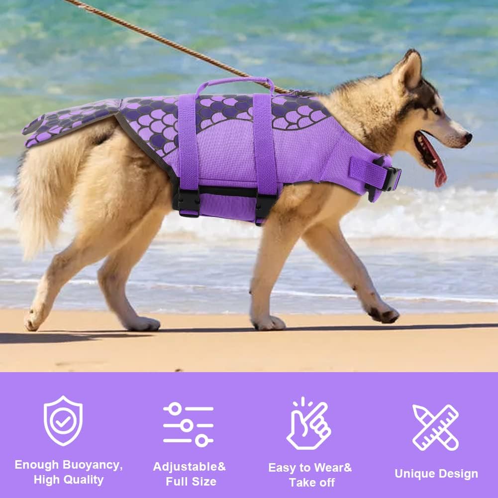 EMUST Large Dog Life Jacket, Dog Mermaid Life Vests for Swimming, Adjustable Pet Flotation Vest Swimsuits with Lift Handle for Small, Medium, Large Dogs, PurpleMermaid, XL