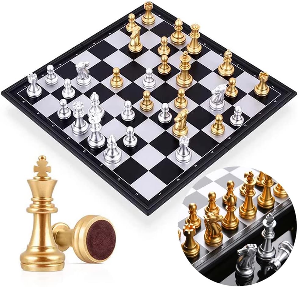 Chess Board Set Game, Magnetic Chess Piece Set with Chess Folding/Portable Storage Board, Traditional Game, Educational Toys for Kids/Children/Adults Gift (Gold/Silver, 25x25x2cm)