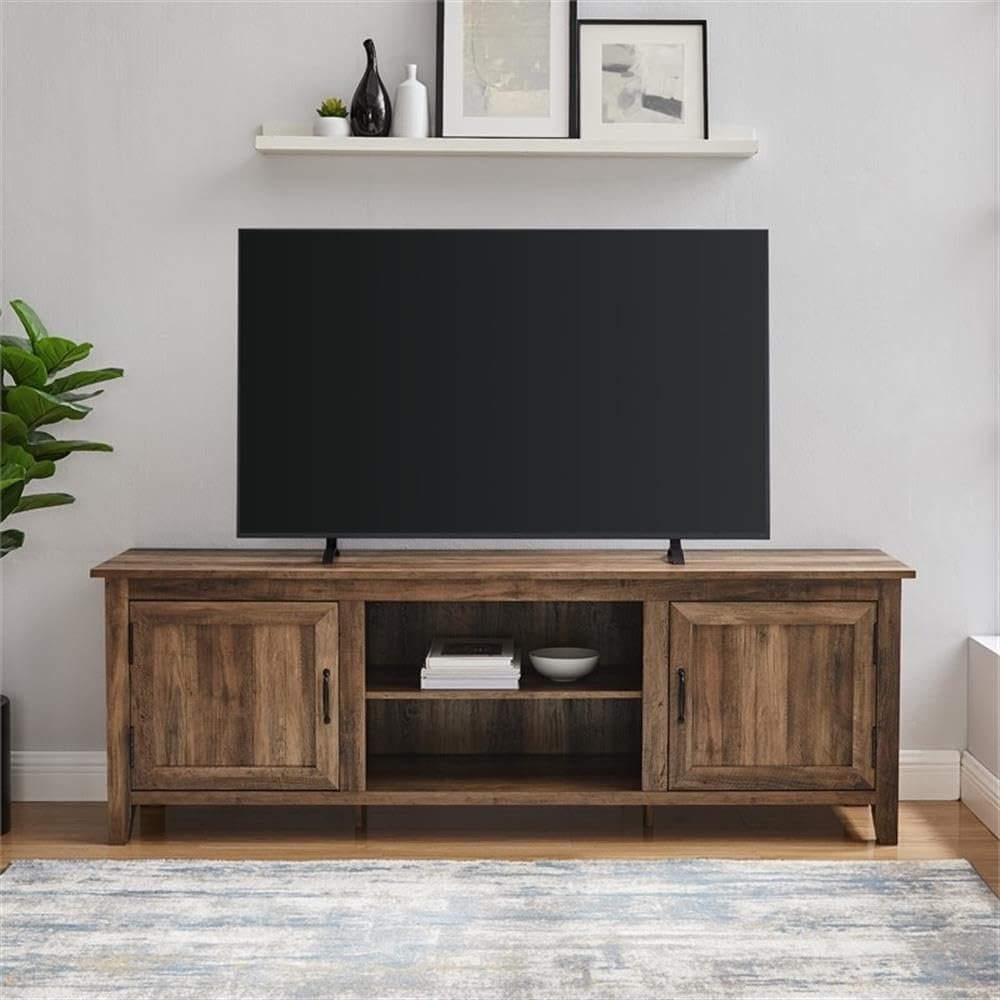Pemberly Row Modern Wood TV Console, 70 in Rustic Oak Finish, High-Grade MDF and Laminate, 2 Side Doors, Adjustable Shelves, Fits TVs Up to 78 in, Coastal Farmhouse Style Living Room Entertainment