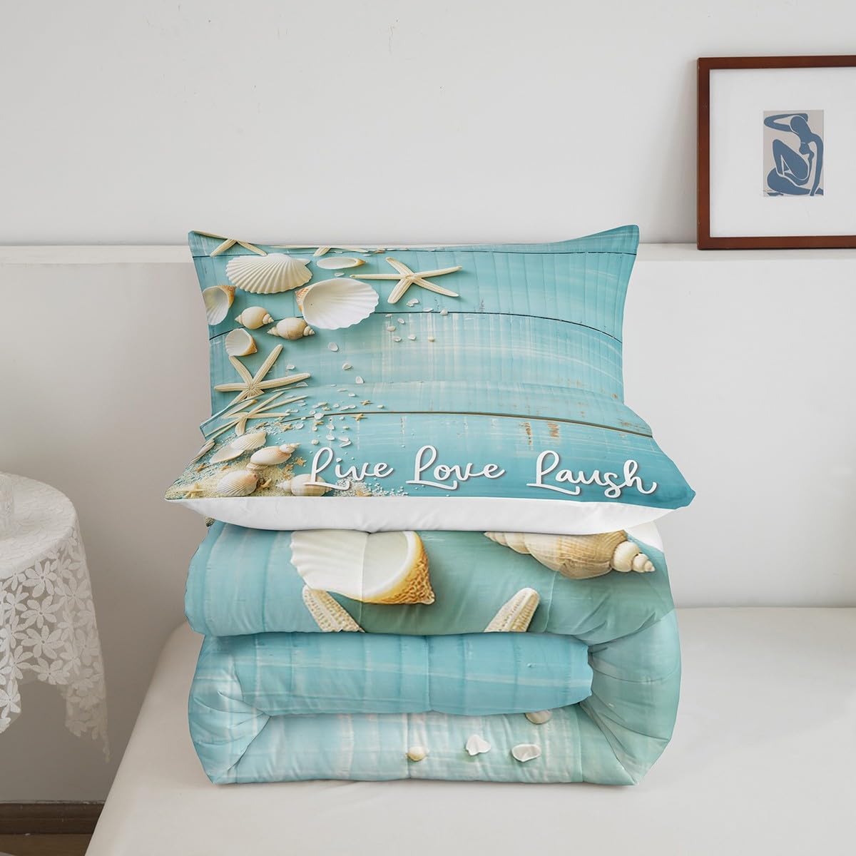 Erosebridal Starfish Seashell Bedding Sets,Conch Sea Shell Comforter Set Coastal Animal Decor Quilt Sets Retro Rustic Farmhouse Duvet Set Teal Wooden Striped Quilt for Kids Boys Girls,Full Size