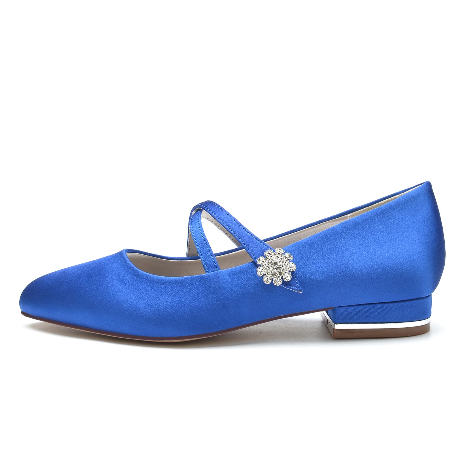 Zapatos Mary Jane para Mujer Planos con Correas Cruzadas de Raso, Bailarinas con Flor de Brillantes y Tacón Metalizado, Zapatos de Boda o Oficina para Fiesta y Eventos
