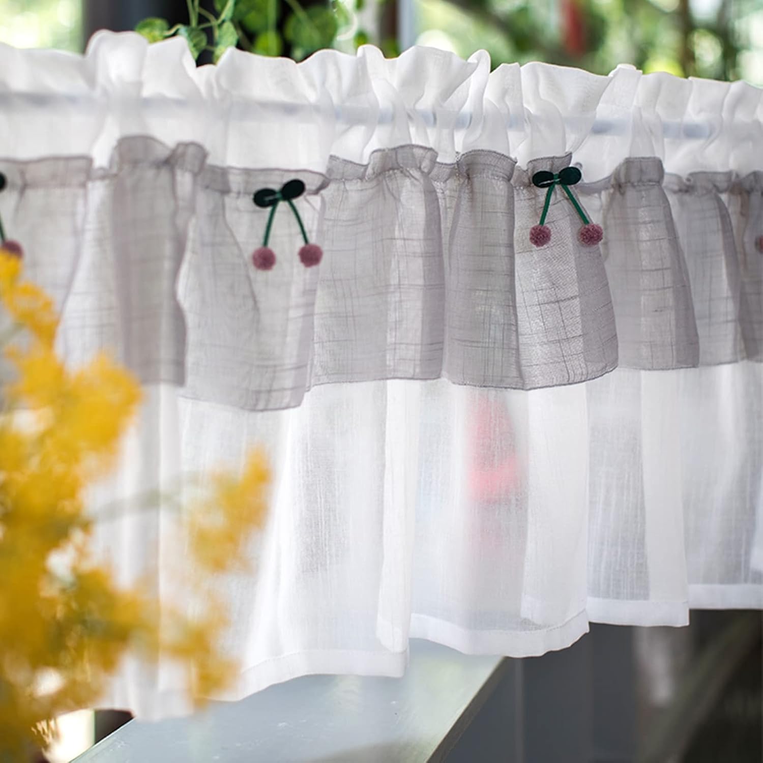 White Kitchen Curtain, Tier Curtains Nice Cherry Decoration, Cotton Linen Yarn Curtain Valance Rural Style Rod Pocket, for Bedroom, Cafe, Bathroom Decor Window/wardrobes/cabinets