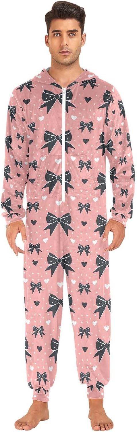 Black Bow Heart Loves Pink Adult Onesie Pajamas Novelty One Piece Costume Sleepwear Jumpsuits Matching PJS