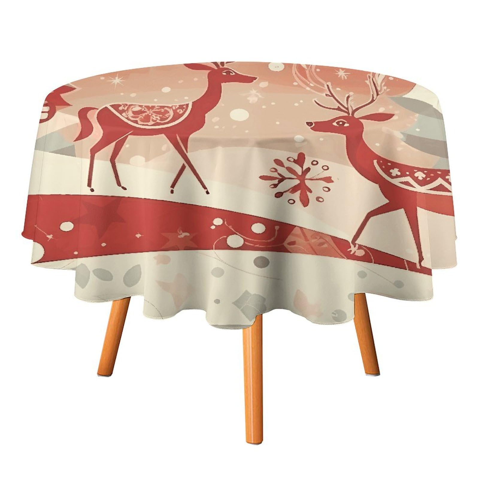 Nappe ronde de Noël rouge renne 127x127 cm imperméable et lavable