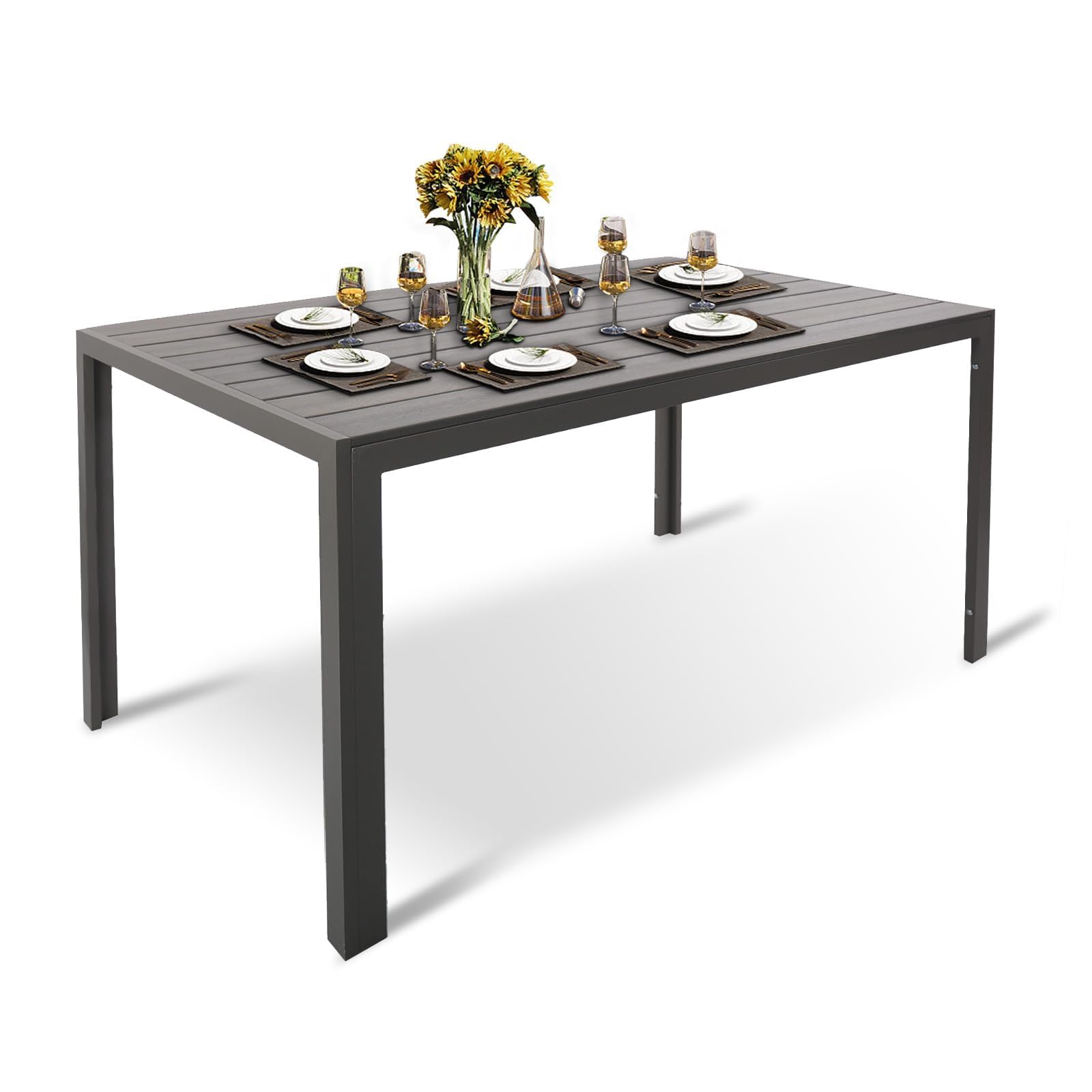 KARMAS PRODUCTOutdoor Dining Table for 6, 55" x 31" Rectangular Patio Table, All-Weather With Sturdy Aluminum Frame for Backyard Deck Poolside, Grey