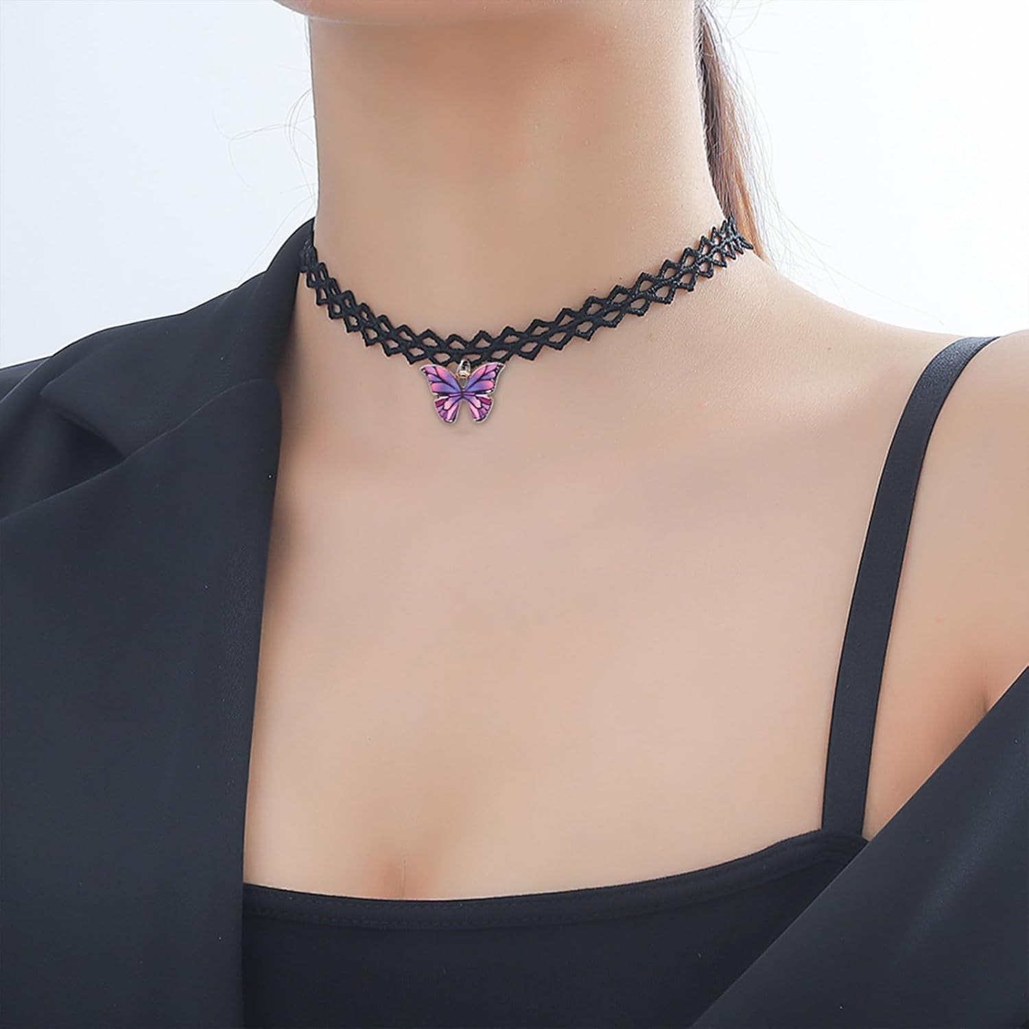 MIFYNN Black Lace Choker Necklace for Women Boho Colourful Butterfly Choker Purple Pink Butterfly Charm Necklace Stretch Lace Pendant Necklace 80s 90s Jewelry Gift