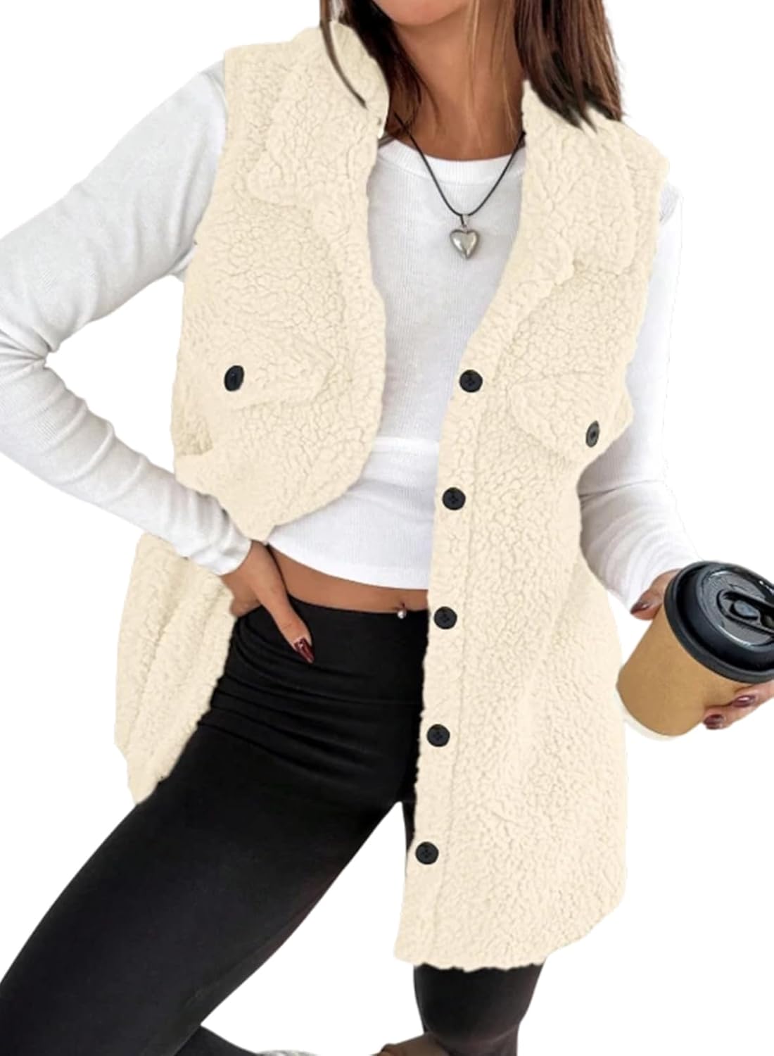 EVALESS Womens Warm Sherpa Fleece Sleeveless Button Down Long Vest Sherpa Jackets Coat Outerwear