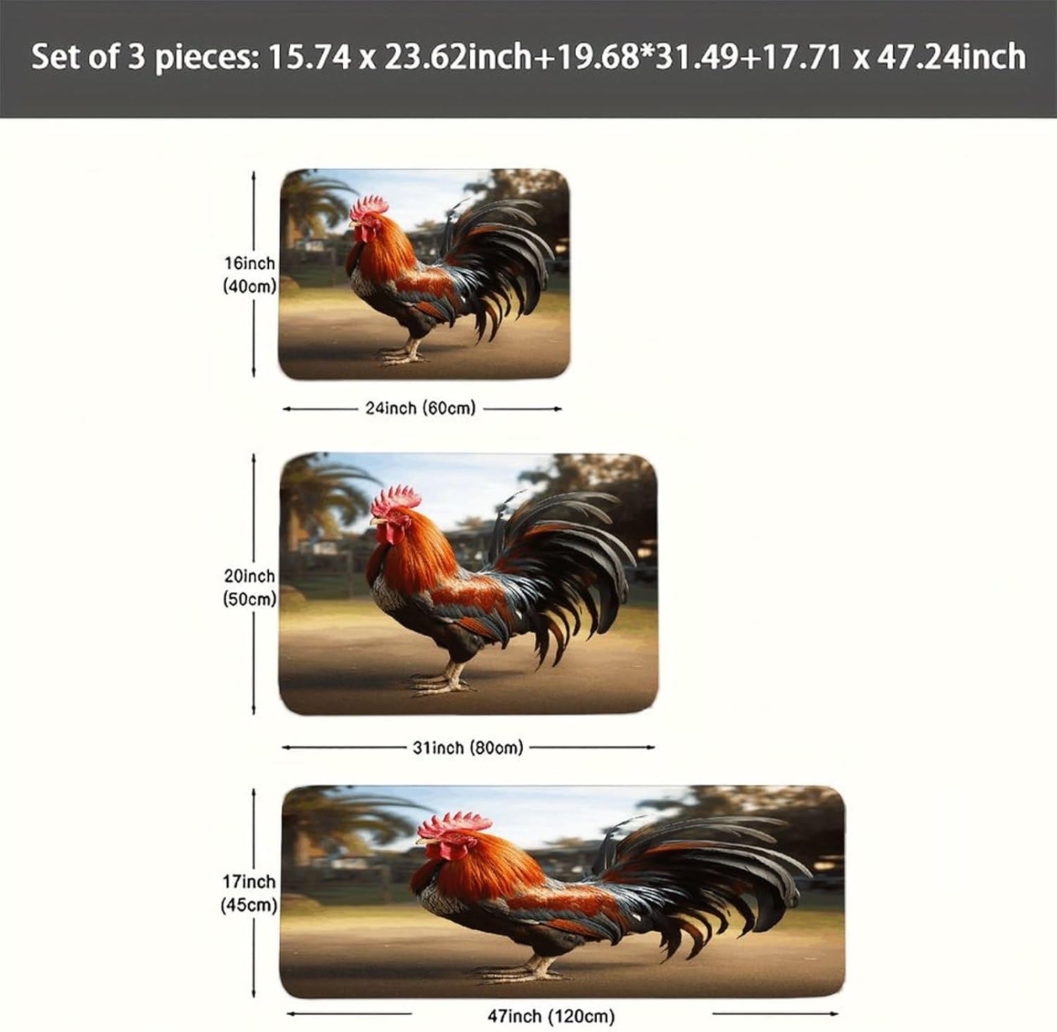 Proud Rooster Kitchen Rugs Sets of 3 Non Slip Kitchen Mats for Floor Farmhouse Kitchen Sink Mat Thick Comfort Standing Mat for Laundry Room Hallway Bathroom