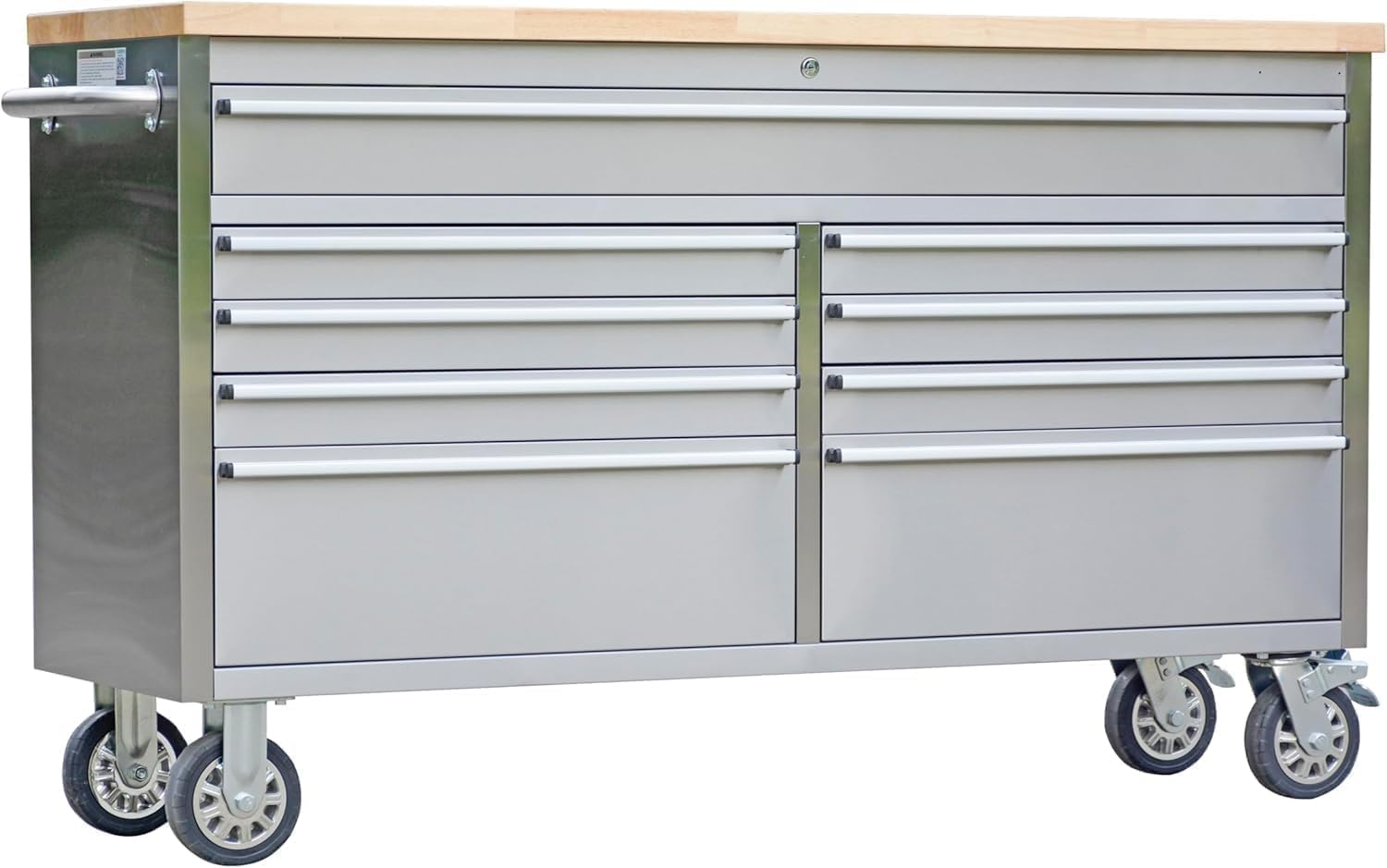 61" Rolling Tool Chest with 9 Drawers, Solid Rubber Wood Workbench Top, Locking Wheels &amp; Key Lock, Mobile Garage Tool Cabinet for Workshop Storage &amp; Organization