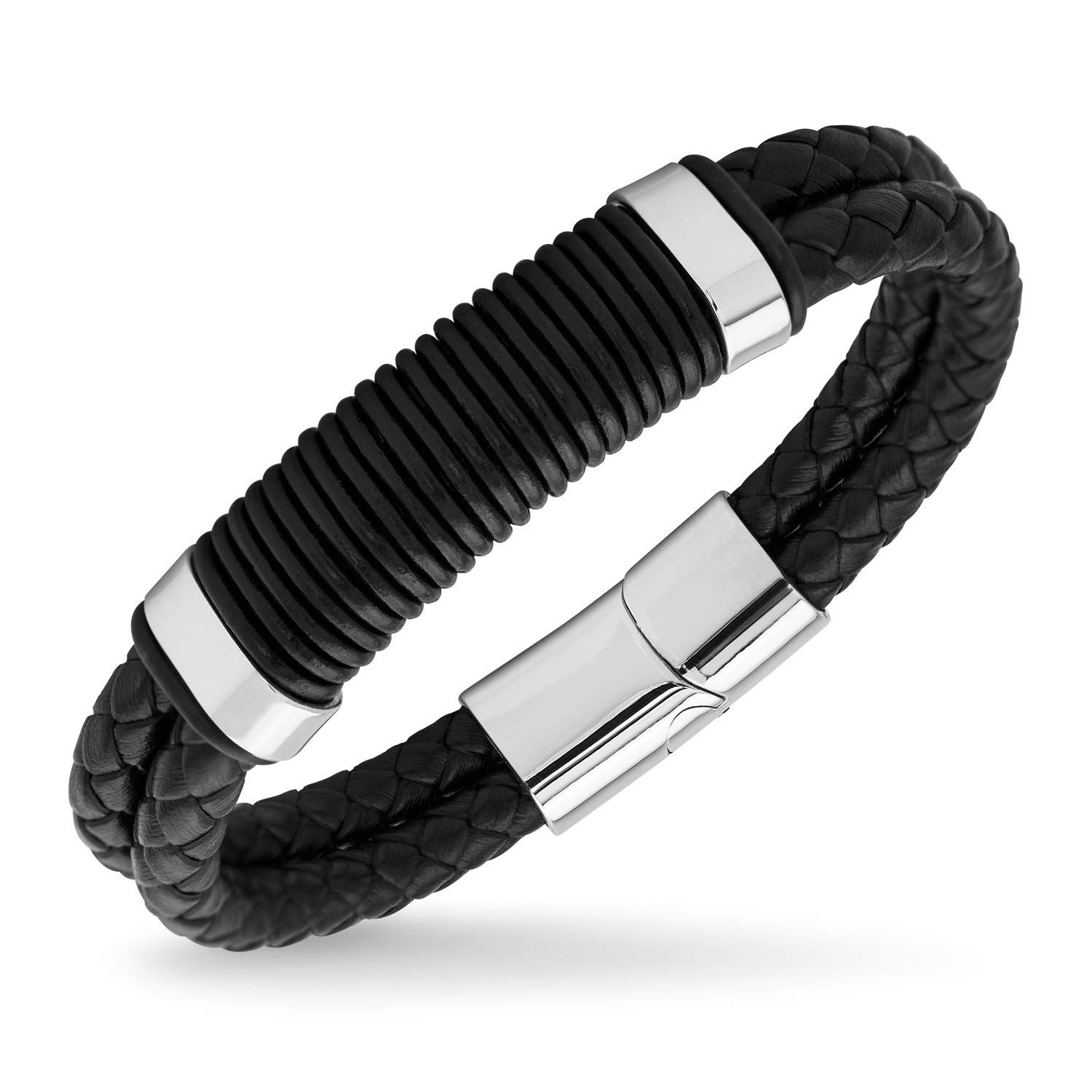 555JewelryStainless Steel Double Braided Leather Magnet Slide Lock Bracelet Silver