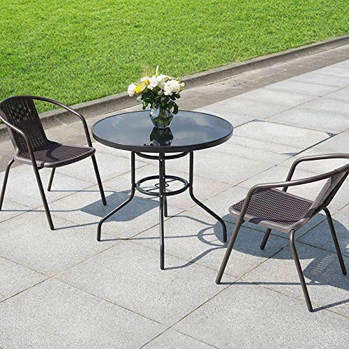 The Fellie Garden Furniture Set Outdoor Dining Table and Chairs Patio Tempered Glass Table Top with Umbrella Hole Wicker Stacking Chairs Seat(80cm Round Table+2PC Chair)