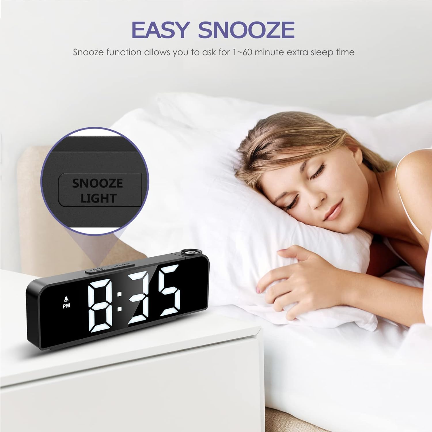 Person sleeping with OQIMAX GH8013 Digital Projection Alarm Clock and snooze button highlighted