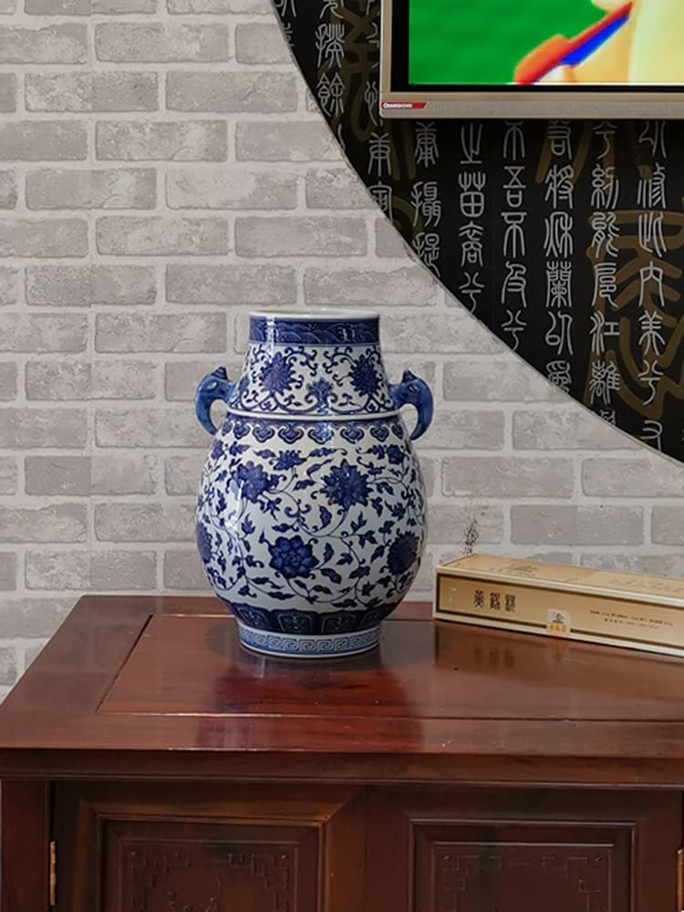 Amazon.com: 中國陶瓷花瓶傳統手繪青花瓷花瓶雙耳設計底部刻度來自