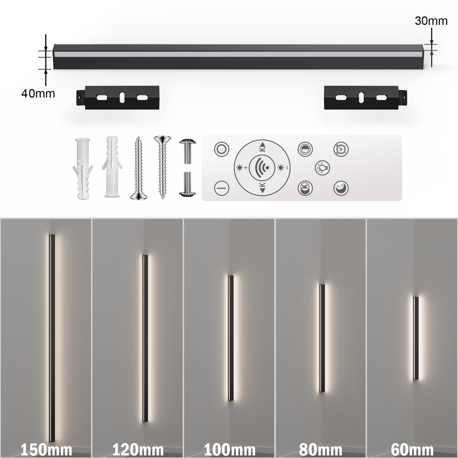 LANMOU LED Wandleuchte Innen, 150cm Ecklampe mit Fernbedienung, Schwarz | 50W 4000LM, dimmbare Wandlampe Innen, 3000K/4500K/6000K, Aluminium, für Flur und Treppenhaus