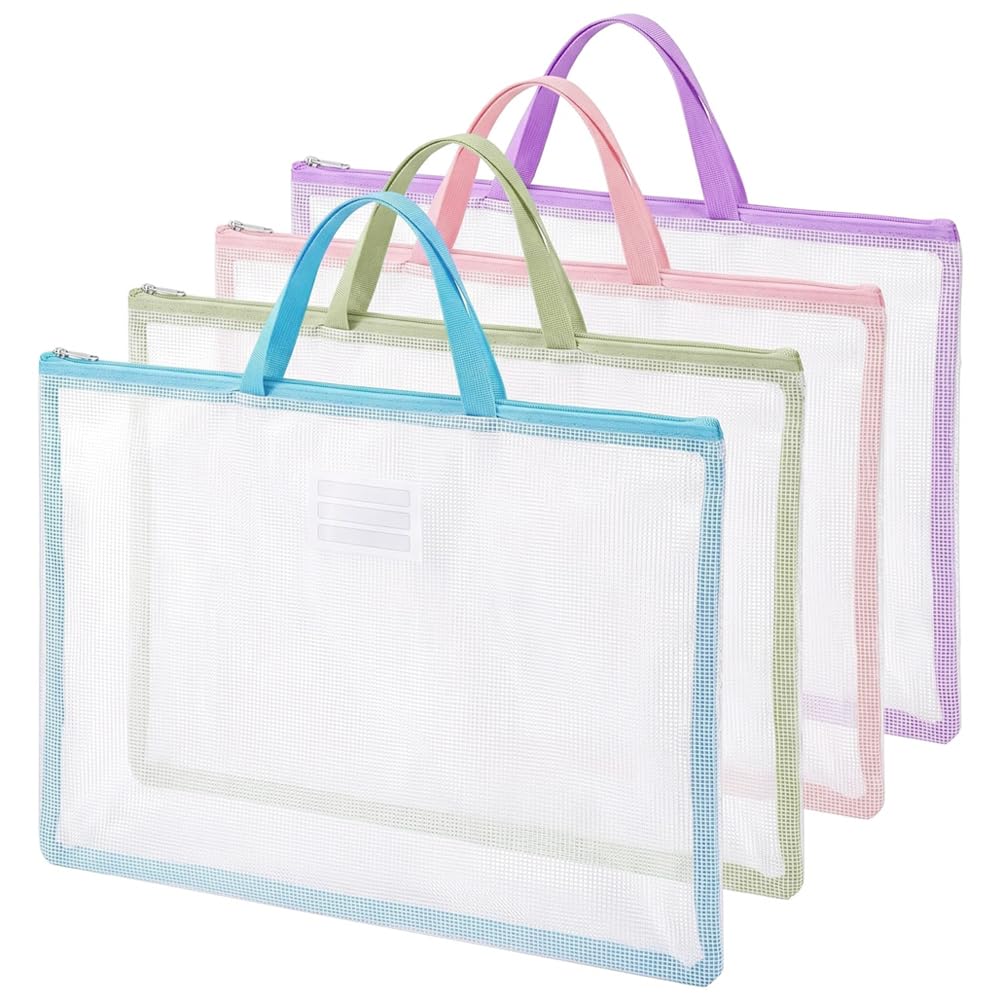 4 Pack A2 Art Folder Carry Case, Water-Resistant Mesh Art Portfolio Bag