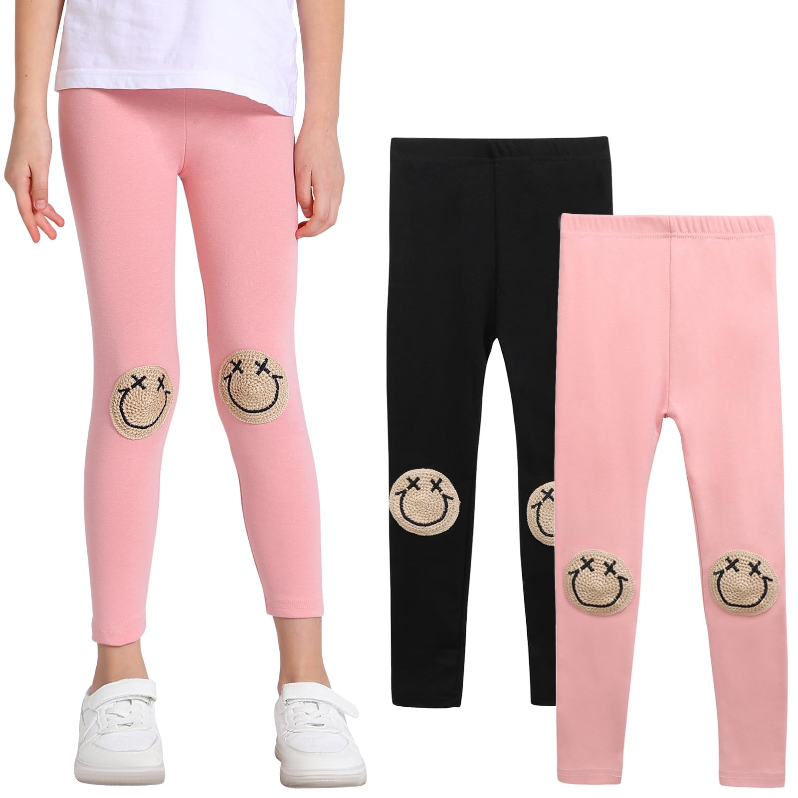 SPFASZEIVGirls Leggings Toddler Leggings with Smile Face Pattern Kids Full Length Trousers 2 Pack 1-7 Years