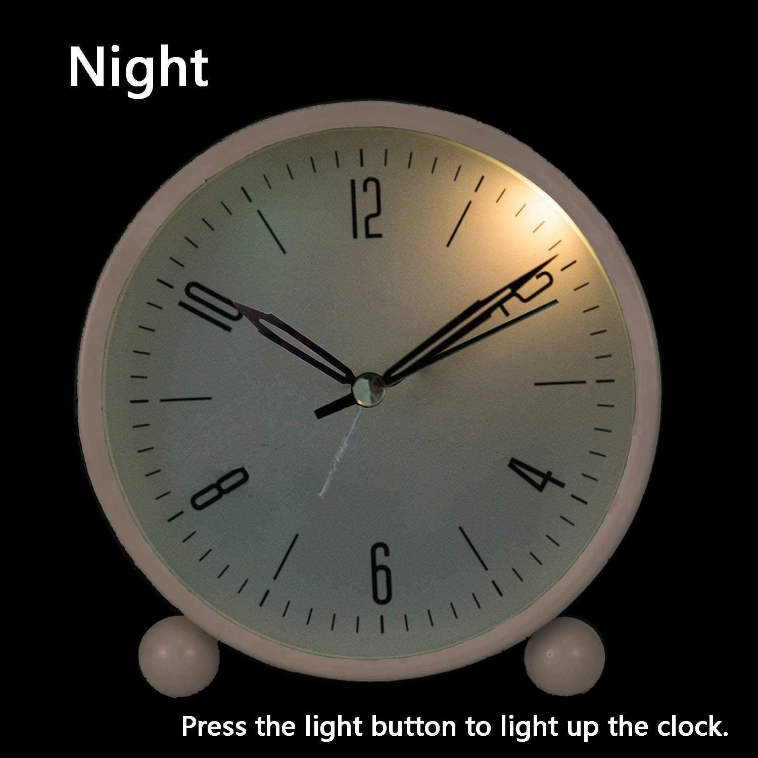 JALL Analog Alarm Clock, 4 inch Super Silent Non Ticking Small Clock with Night Light, Battery Operated, Simply Design, for Bedroon, Bedside, Desk, (White)