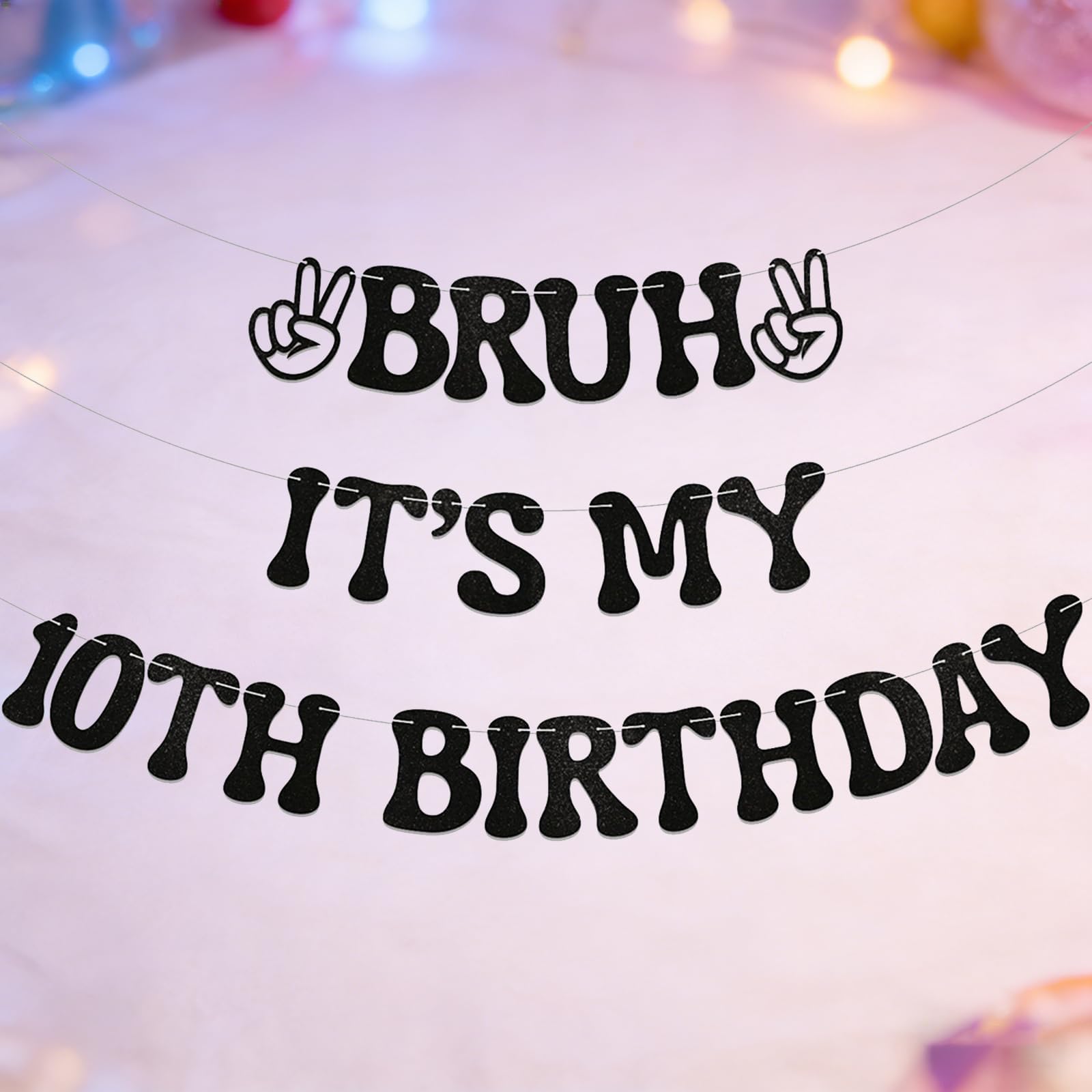 10th Birthday Banner Black Glitter - BRUH IT'S MY 10TH BIRTHDAY Modern Party Decorations for Boys with 2 Peace Sign Designs, Includes Threading Needle & Ribbon - 8.2 Feet Long