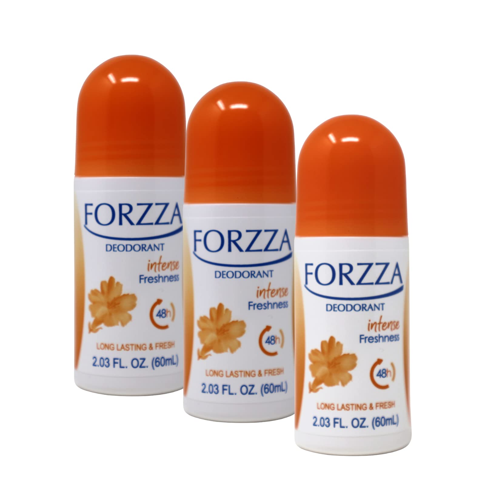 Three Forzza Roll-on Deodorant bottles with orange caps, labeled 'Intense Freshness'. One bottle is slightly open, showing the rollerball.
