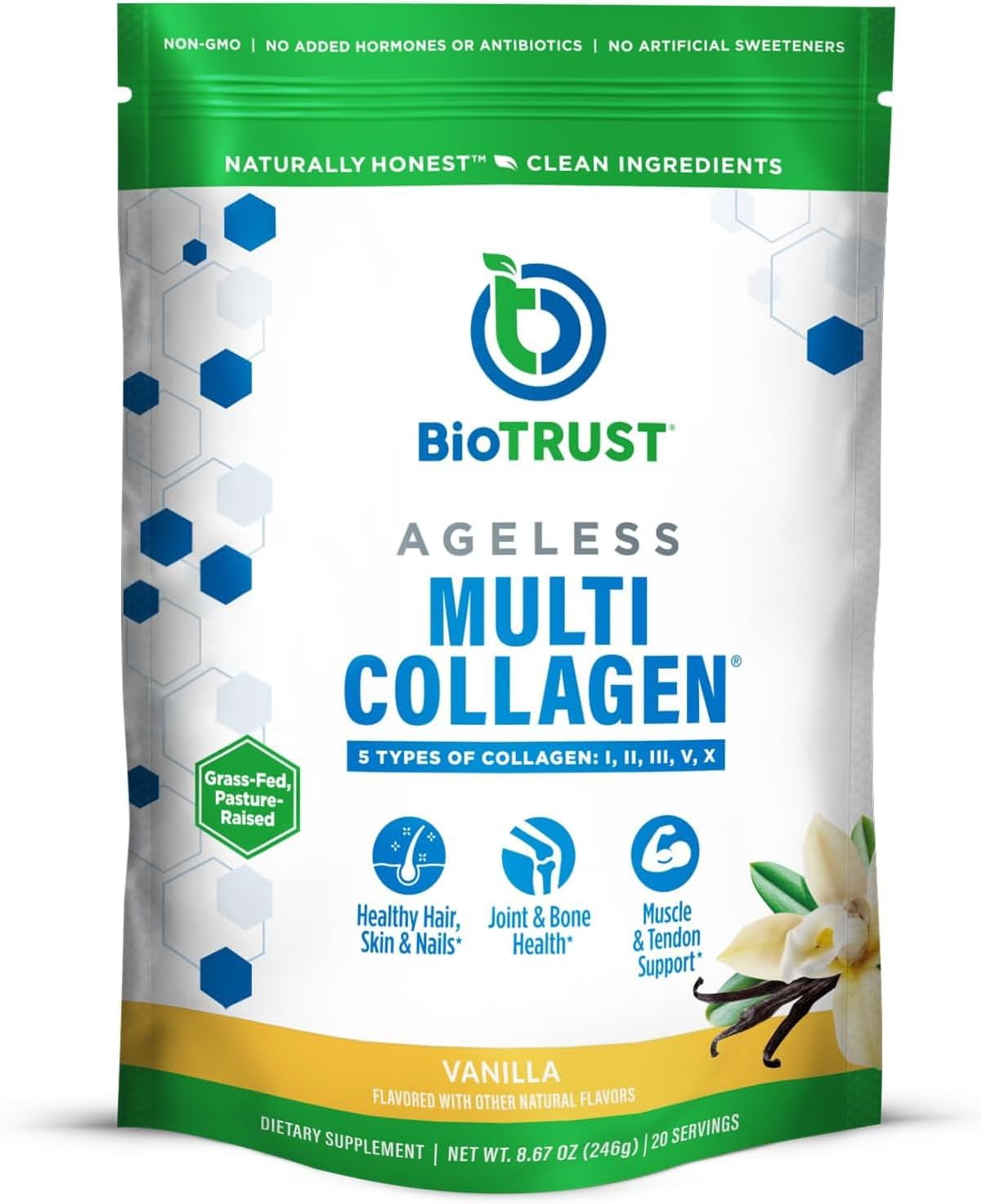 Ageless Multi Collagen Peptides Powder – 5 Types (I, II, III, V, X) – Vanilla Collagen Powder for Women & Men – Hydrolyzed Protein – Grass Fed Beef, Fish, Chicken, Eggshell Membrane