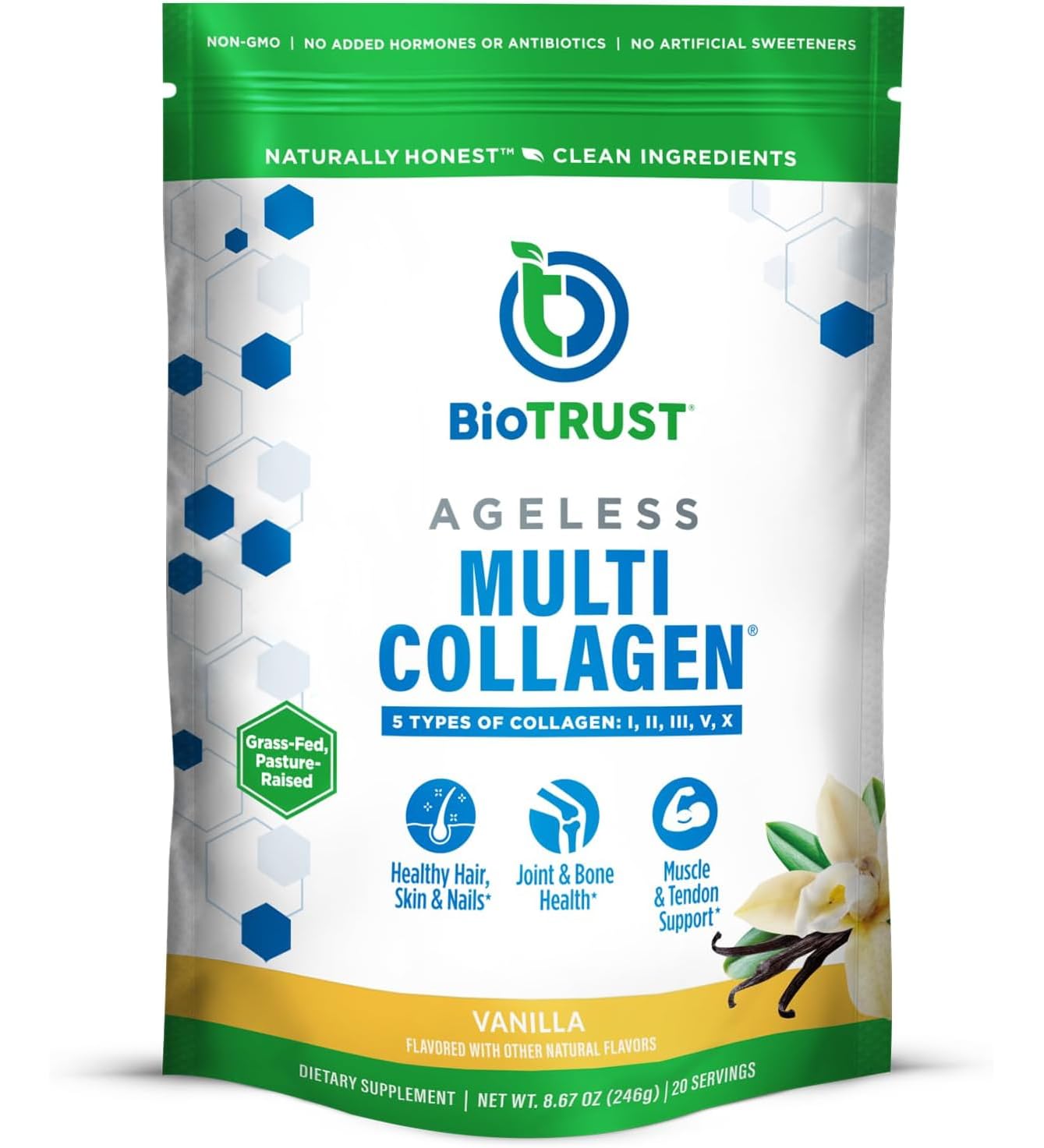 BioTrust Ageless Multi Collagen Peptides Powder – 5 Types (I, II, III, V, X) – Vanilla Collagen Powder for Women & Men – Hydrolyzed Protein – Grass