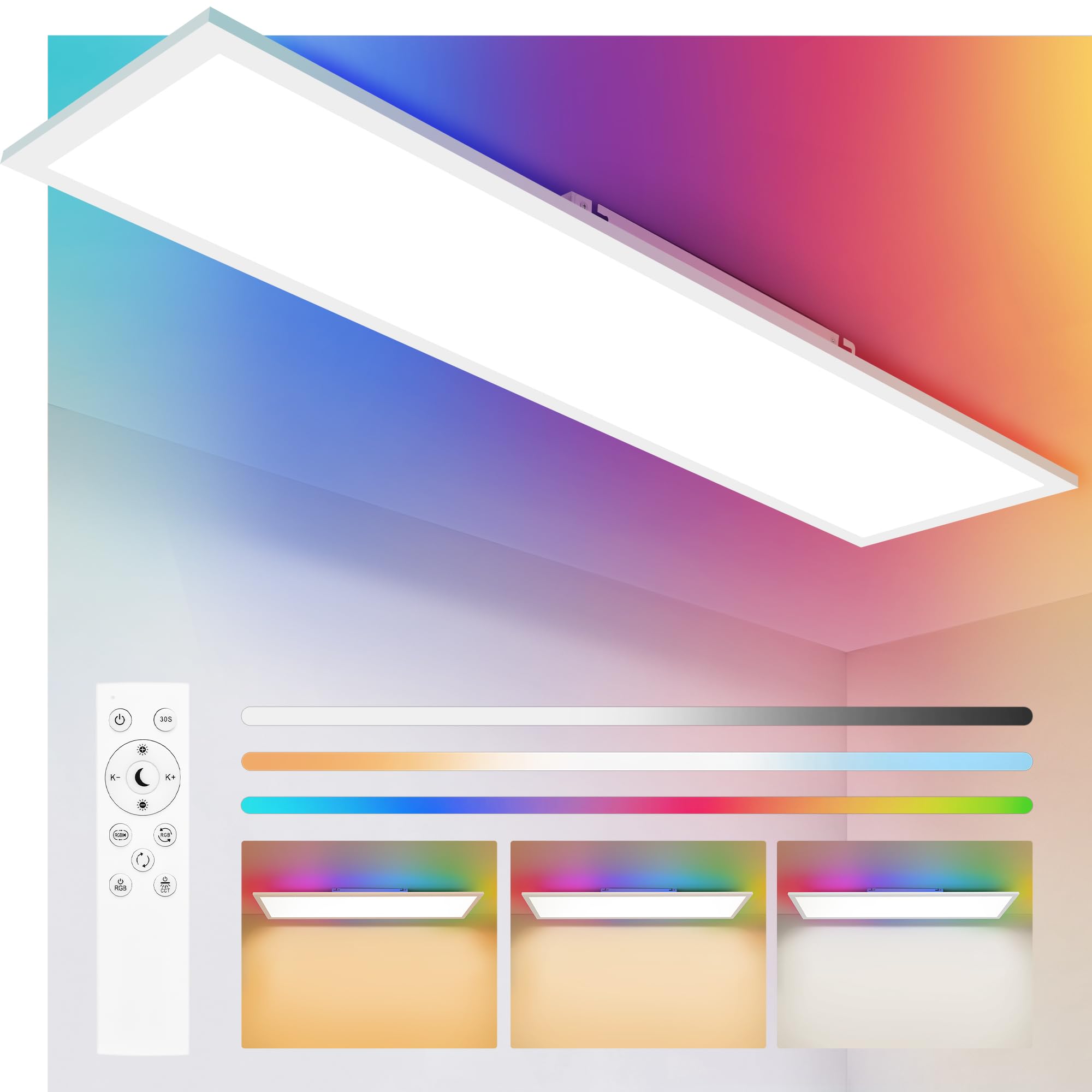 YindaLux 1x LED Panel 120x30 cm Deckenleuchte 40W mit RGB-Backlight Weiß | 4000lm, dimmbar, 2700–6500K, Fernbedienung, Nachtlicht, Speicherfunktion, Hauptlicht und Backlight separat steuerbar