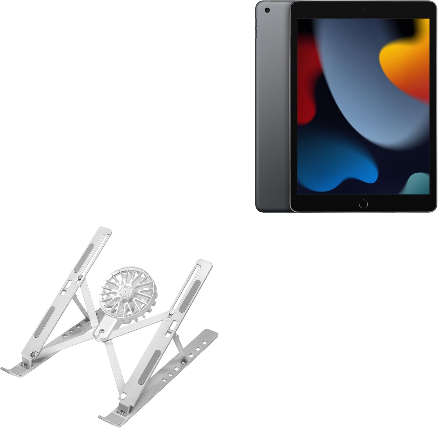 BoxWave Stand and Mount Compatible with Apple iPad (9th Gen 2021) - QuickSwitch Stand with Cooling Fan, Portable, Multi Angle Viewing Ventilator - Metallic Silver