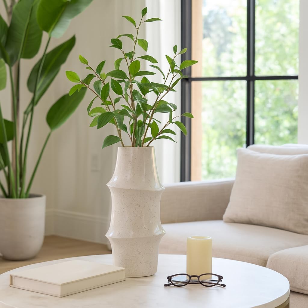 Ceramic Vase for Living Room Decor – Minimalist Flower Vase with Speckled Finish and Ringed Detail Ideal for Fresh Flowers and Greenery – Perfect for Bedroom, Table, Home, or Office Decor – 15" Ivory