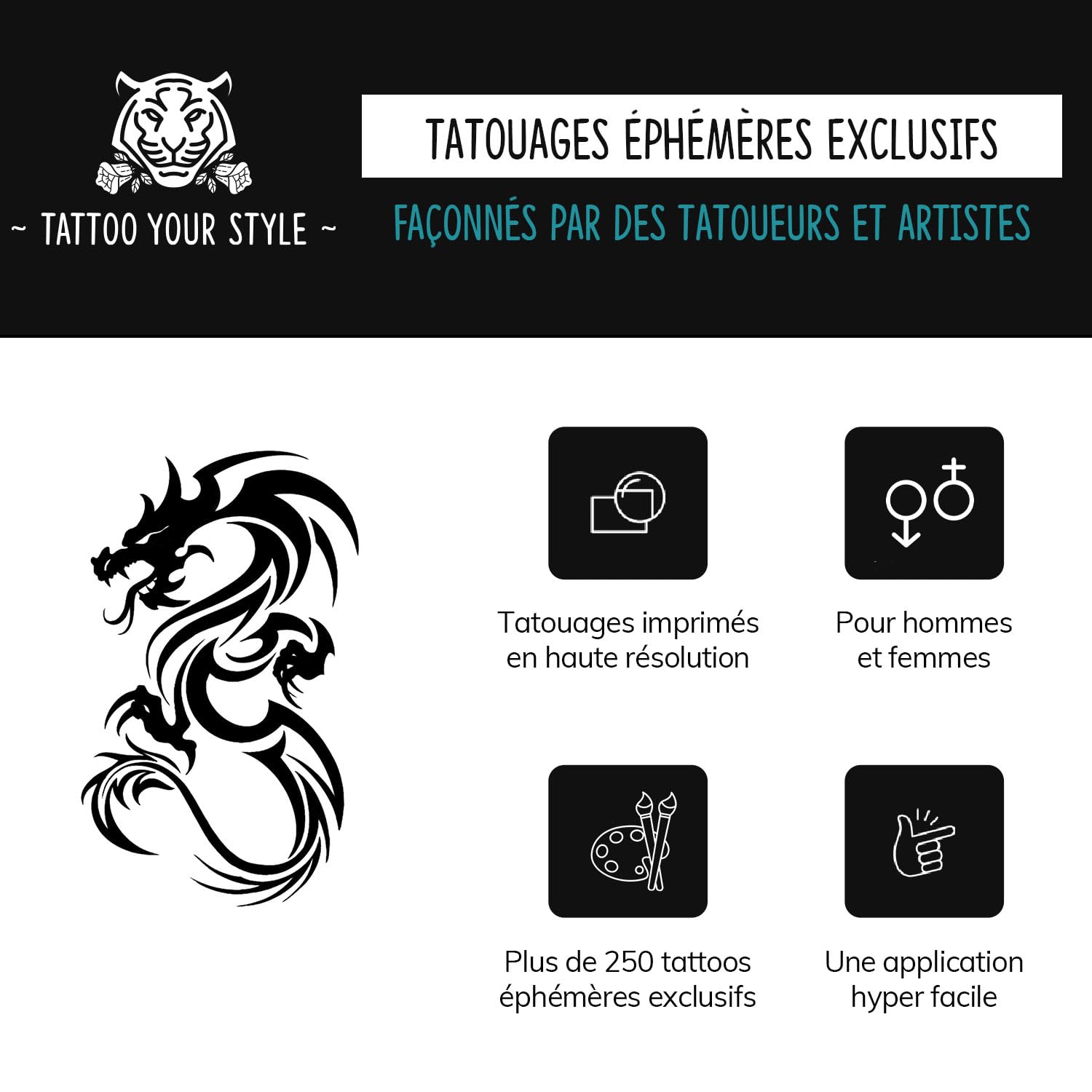 Pack De 5 Tatouages Temporaires Dragons & Symboles - Tribal, Oiseau, Noir, Envoi Gratuit