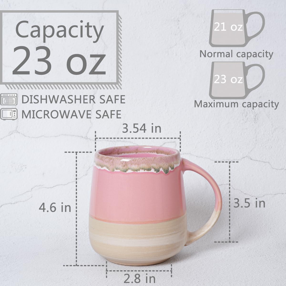 Bosmarlin Extra Large Ceramic Coffee Mug, 23 Oz, Dishwasher and Microwave Safe, Oversized Big Tea Cup, Reactive Glaze (Pink) image 2