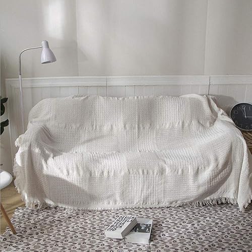 SVIO-SOFACOVER Manta decorativa de algodón blanco para sofá o sofá, manta rústica con flecos, acogedora y ligera, de una pieza, 89.8 x 89.8in