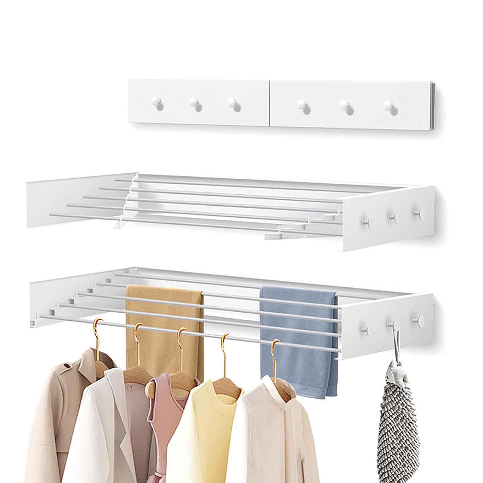 Stendibiancheria a Parete, stendibiancheria Retrattile con portasciugamani e Ganci, stendibiancheria Pieghevole salvaspazio per Interni ed Esterni, Barra Resistente, 80 cm (23,6 po