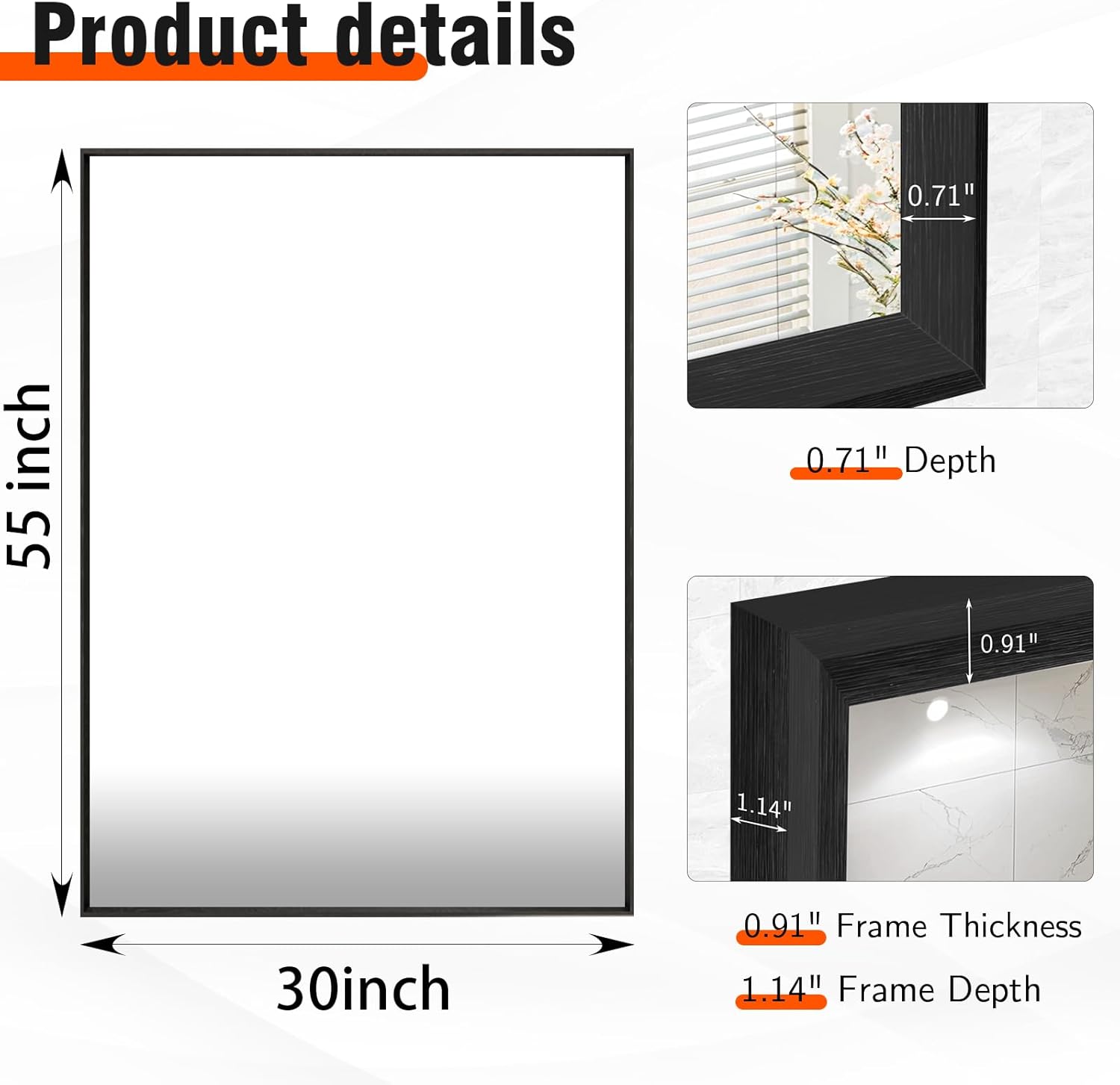 Black Framed Mirror,55x30 Inch Bathroom Mirrors, Rectangular Wall Mirror, Vanity Mirror Wall Mounted, Anti-Rust, Tempered Glass, Hangs Horizontally or Vertically