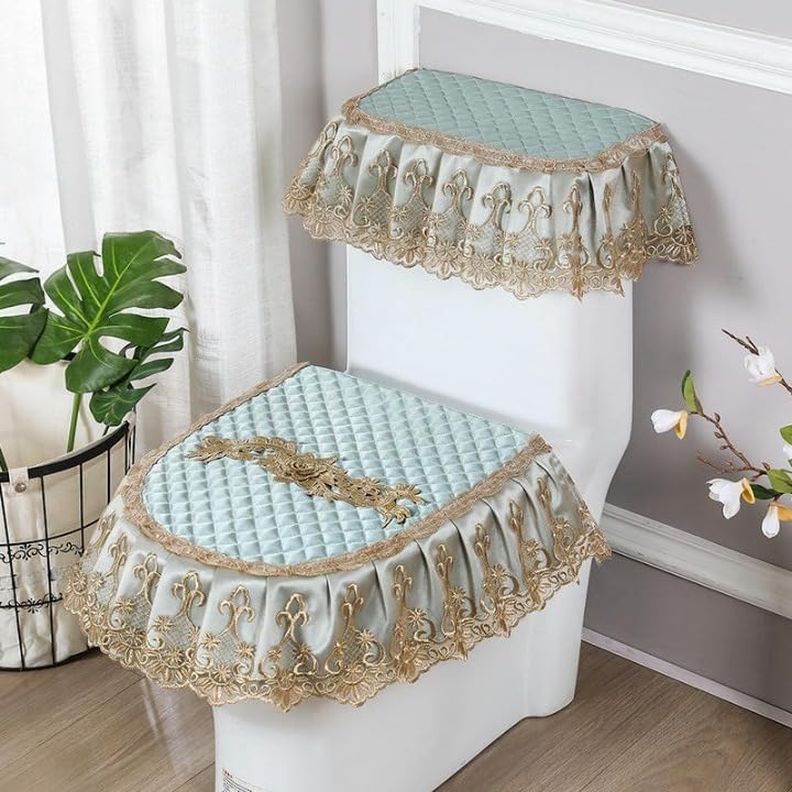 Toilet lid cover 3pcs/Set Champagne Lace Embroidery Flowers Toilet Lid Cover Set & Tank Covers Seat Cushion Pads Warm Pad(Green)