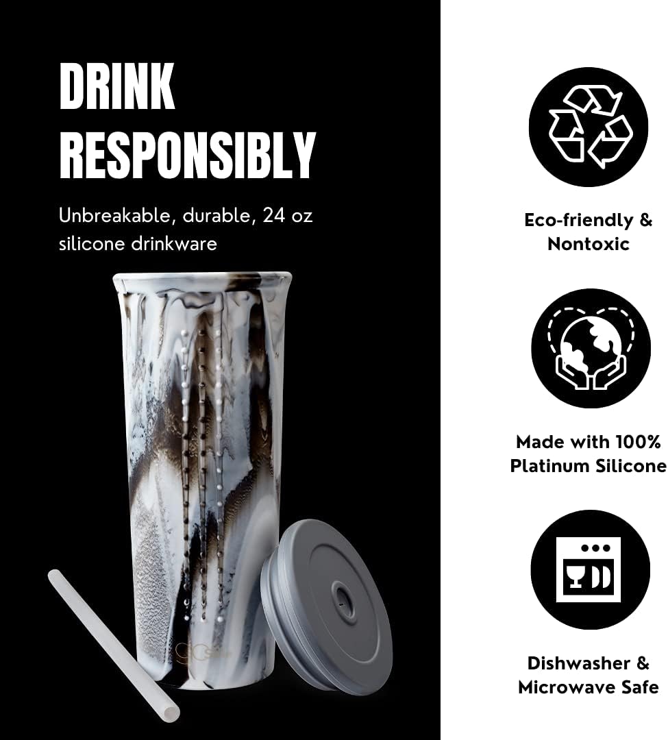 GoSili Eco-Friendly Reusable Silicone Straw Tumbler, Nontoxic and Dishwasher Safe - 24oz, Calacatta