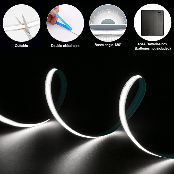 Tira LED COB portátil a batería 4.92 pies luz blanca fría miniatura 3