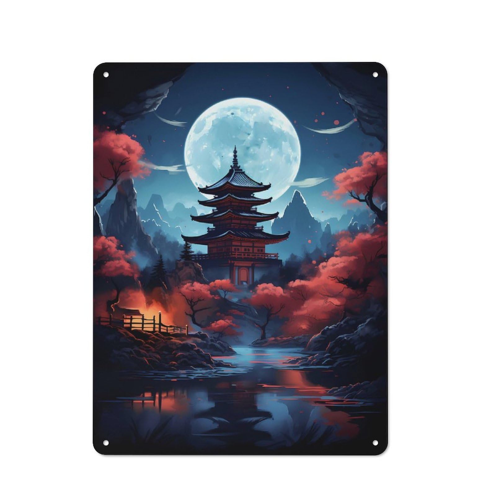 Junmoney Pagoda With Moon Light Vintage Tin Wall Plaque 40X30cm For Studio Or Craft Room, For Garage, Workshop And Man Cave Decoration