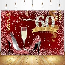 Sensfun 7x5ft Happy 60th Birthday Backdrop Red Glitter High Heels Gold Confetti Photography Background Silver Dots Women Fabulous 60th Birthday Party Decorations Banner Supplies Photo Studio Props