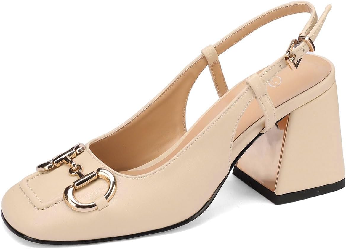 Women's Fashion Square Closed Toe Slingback Pumps with Buckle Chic Gold Buckle Block Heel Slingback Shoes Work Date Dressy High Heel Slingbacks for Women