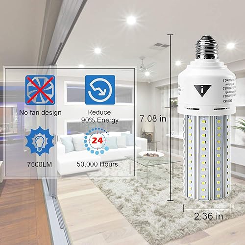 Miniatura 2 de Paquete de 2 bombillas LED equivalentes a 500 W, 7500 lúmenes, 5000 K, luz diurna blanca brillante, E26/E27, base media, 60 W, bombillas de maíz