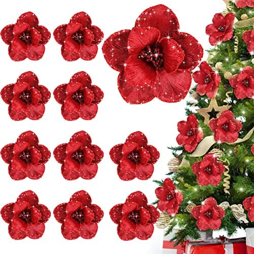 12 Pieces Magnolia Flower Ornaments Christmas Glitter